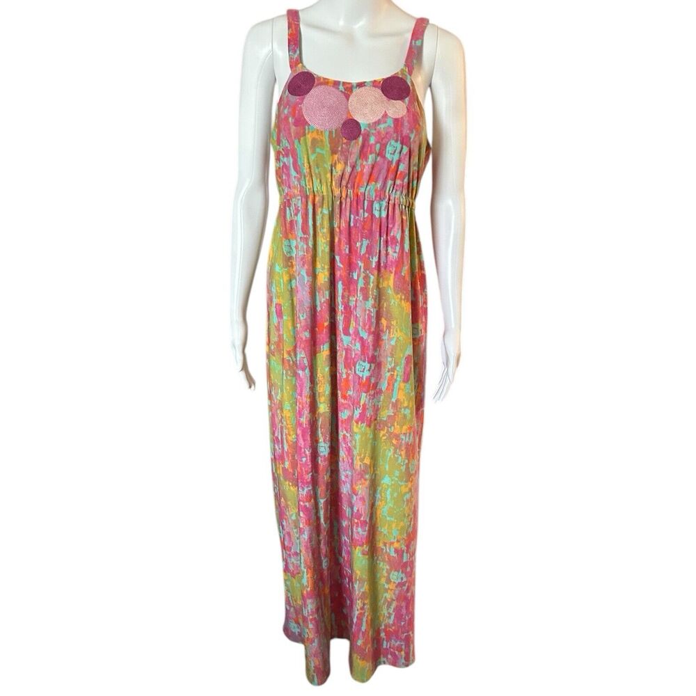 Nine West Size 6 Colorful Abstract Print Maxi Dress Embroidered Circles